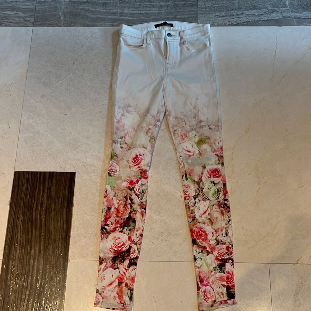 J BRAND WHITE ROSE PRINTED FLORAL SUPER SKINNY JEANS